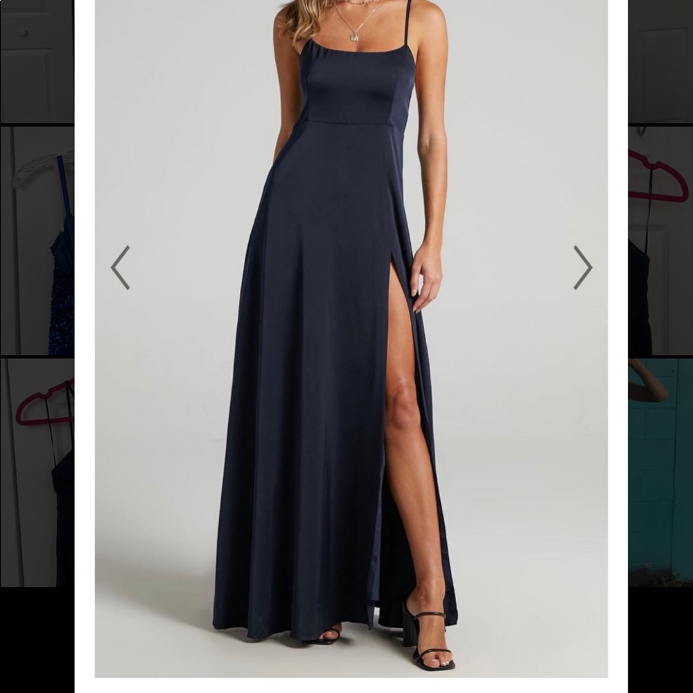 navy blue silk prom dress